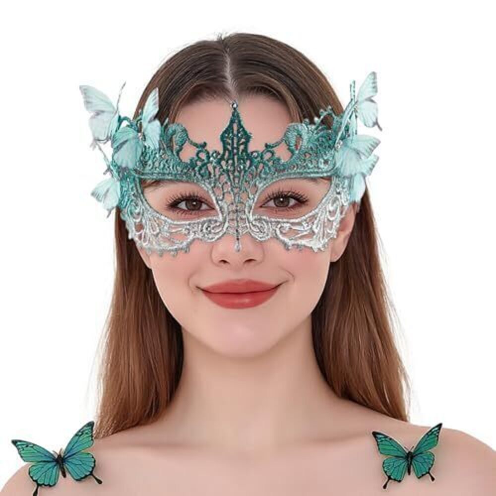 3298 Halloween Lace Green Masquerade Masks - 1920s Butterfly Antique Mask